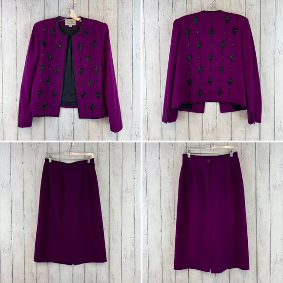 VTG Nolan Miller Purple Black Wool Embellished Beaded Jacket Skirt Outfit Set 10 - Picture 14 of 16